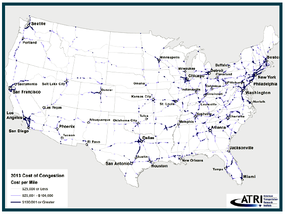 This map shows truck position reads (pings) from trucks for one day in June 2013. The thickness of the lines indicates the cost of congestion per mile, with the lightest lines, which are typically in non-urbanized areas, being $25,000 or less. A slightly darker line is used to represent congestion costs ranging from $25,001 to $100,000, and the darkest lines, which are concentrated in and around the urbanized areas of the northeast, reflect congestion costs of $100,001 or greater.