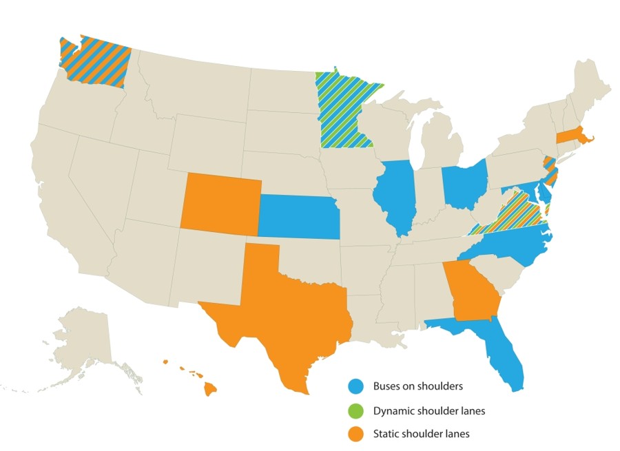 Map of the contiguous United States illustrating the states currently employing shoulder running. States employing BOS include: Washington State, Minnesota, Kansas, Illinois, Ohio, New Jersey, Maryland, Delaware, Virginia, North Carolina, and Florida. Minnesota and Virginia are currently the only state with dynamic shoulder use. Static shoulders are currently used in Georgia, Virginia, New Jersey, Massachusetts, and Washington State.