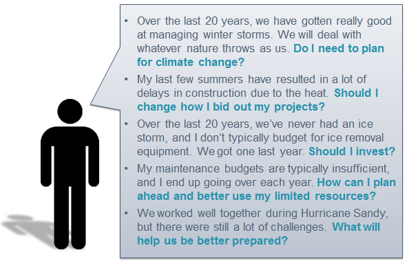 Over the last 20 years, we have gotten really good at managing winter storms. We will deal with whatever nature throws as us. Do I need to plan for climate change? My last few summers have resulted in a lot of delays in construction due to the heat. Should I change how I bid out my projects? Over the last 20 years, we’ve never had an ice storm, and I don’t typically budget for ice removal equipment. We got one last year. Should I invest? My maintenance budgets are typically insufficient, and I end up going over each year. How can I plan ahead and better use my limited resources? We worked well together during Hurricane Sandy, but there were still a lot of challenges. What will help us be better prepared?