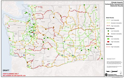 Map of the State of Washington indicating levels of vulnerability on State routes, airports, ferries, and railways.