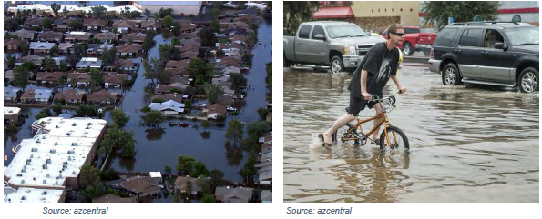 Two side-by-side photos, the first an aerial photo of a flooded neighborhood, the second of a teenage boy trying to ride his bicycle through flood waters that reach halfway up his tires. Source: azcentral