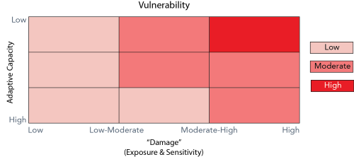 Chart depicting the correlation between Adaptive Capacity and Damage (exposure and sensitivity) as an indicator of vulnerability. As damage increases and adaptive capacity decreases, vulnerability goes from low, through low-moderate, through moderate-high, to high.