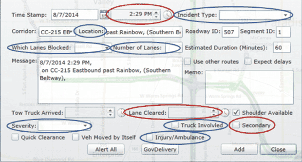 An electronic form within the database of the Freeway and Arterial System of Transportation (FAST) traffic management centers (TMC).