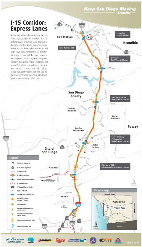 Map of the I-15 corridor. Four express lanes are located in the middle of the 1-15 extending 20 miles from State Route 78 in Escondido to State Route 163 in San Diego. Every two to three miles, entrances and exits have been constructed for travelers to move on and off the main lanes to the Express lanes. Carpools, vanpools, motorcycles, public transit  vehicles, and permitted clean air vehicles can use the Express lanes free of charge. Single-occupant vehicles can also use the Express Lanes when they have a FasTrak® pass to electronically collect tolls.