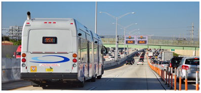 An express bus travelling in tolled lanes while through traffic remains gridlocked.