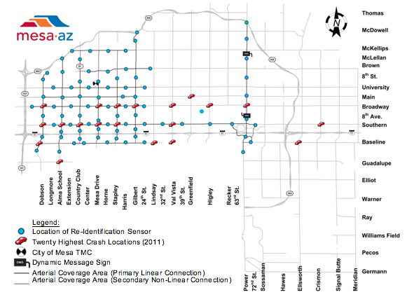 Map depicts the locations of the re-identification sensors, the twenty highest crash locations (2011), the City of Mesa TMC, the locations of dynamic message signs, and indicates through color coding the arterial coverage area (primary linear connection) and the arterial coverage area (secondary non-linear connection).