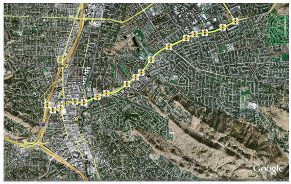 Satellite-level photo of Ygnacio Valley road with traffic signal icons positioned at intersection locations.