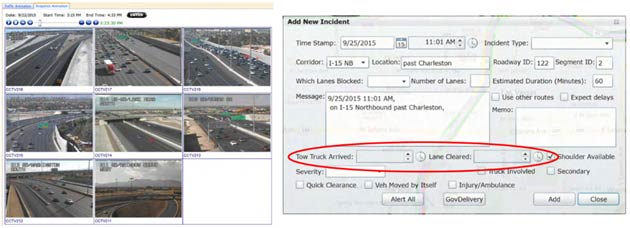 Building off of Figure 9, Figure 10 shows two additional screen shots that illustrate how incidents are tracked within the central software used by Freeway and Arterial System of Transportation (FAST), a Transportation Management Center within the Regional Transportation Commission of Southern Nevada system.