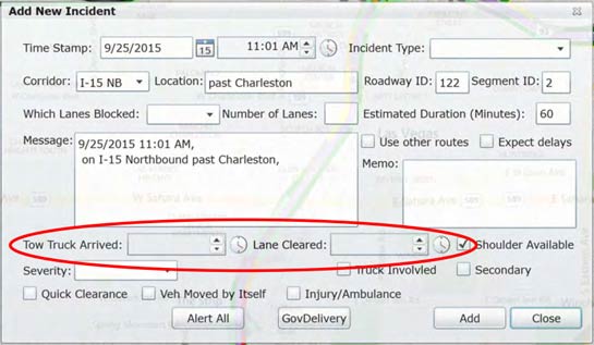 Building off of Figures 13 and 14, Figure 15 shows an additional screen shot that illustrates how incidents are tracked within the central software used by Freeway and Arterial System of Transportation (FAST).