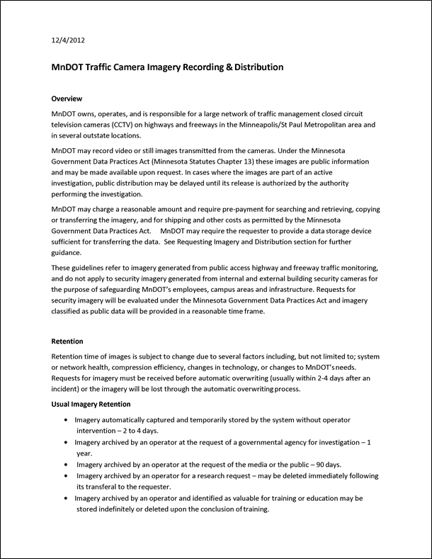 Figure 24 is a sample scan of the first page of the Minnesota Department of Transportation Traffic Camera Imagery Recording and Distribution Policies.