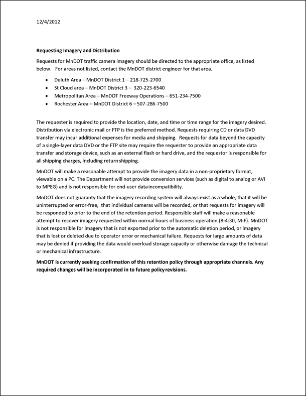 Figure 25 is a sample scan of the second page of the Minnesota Department of Transportation Traffic Camera Imagery Recording and Distribution Policies.