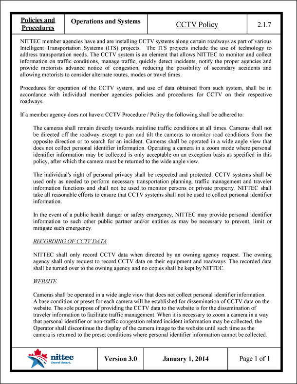 Figure 37 is a sample scan of the Niagara International Transportation Technology Coalition Closed-Circuit Television Policy.