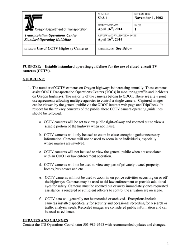 Figure 38 is a sample scan of the Closed-Circuit Television Policy Highway Cameras Guidelines at the Oregon Department of Transportation.