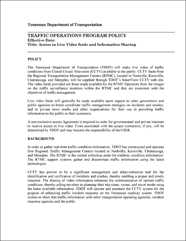 Figure 39 is a sample scan of the Access to Tennessee Department of Transportation’s Live Video Feeds and Information Sharing Policies