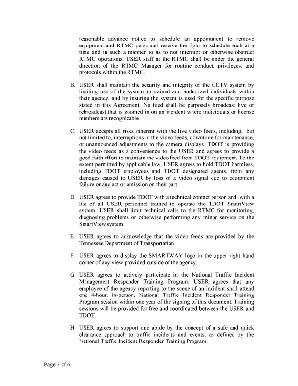 Figure 42 is a sample scan of the third page of the Responder Entity Users Access Agreement for Live Video and Information Sharing at the Tennessee Depatment of Transportation.