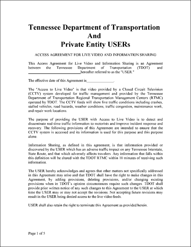 Figure 46 is a sample scan of the first page of the Private Entity Users Access Agreement for Live Video and Information Sharing at the Tennessee Depatment of Transportation.