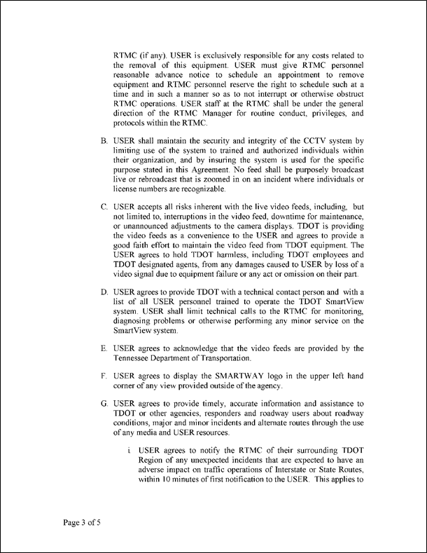 Figure 48 is a sample scan of the third page of the Private Entity Users Access Agreement for Live Video and Information Sharing at the Tennessee Depatment of Transportation.