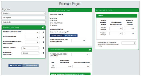 Screenshot of the key user interface for the Safety Service Patrol Benefit-Cost sub-tool