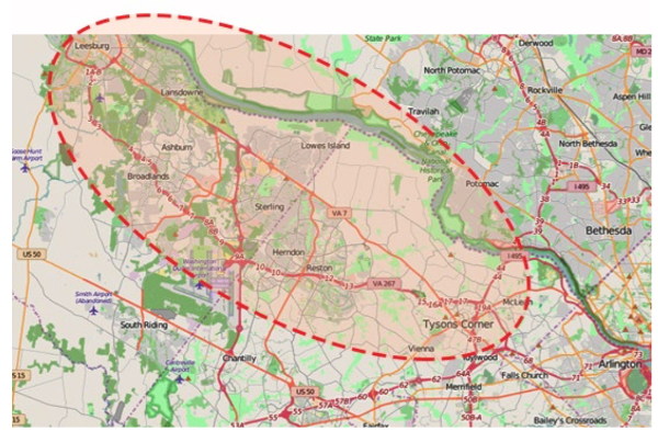 Map of the Dulles Corridor with a highlighted area from Tysons Corner in the southeast to Leesburg in the northwest.