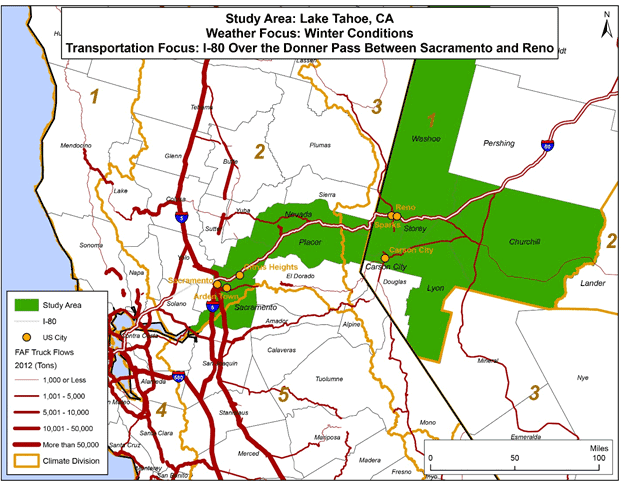 Figure 6 is a map showing the study area along Interstate 80 between Sacramento, California and Reno, Nevada.