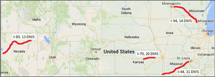 Figure 1. Map depicting the Study Corridors: 1-80 in Nevada, I-94 in Minnesota and Wisconsin, I-70 in Kansas, and I-44 in Missouri.