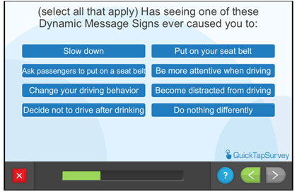 Questionnaire screen - Has seeing one of these Dynamic Message Signs ever caused you to: