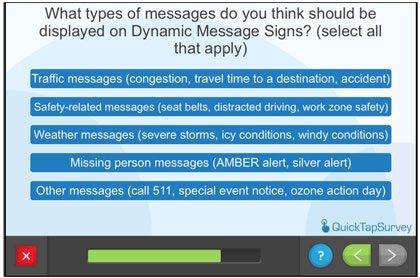 Questionnaire screen - What types of messages do you think should be displayed on Dynamic Message Signs?