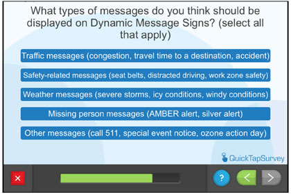 Questionnaire screen - What types of messages do you think should be displayed on Dynamic Message Signs?