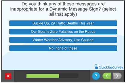 Questionnaire screen - Do you think any of these messages are inappropriate for a Dynamic Message Sign?