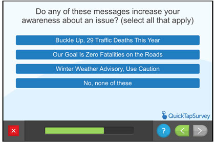 Questionnaire screen - Do any of these messages increase your awareness about an issue?