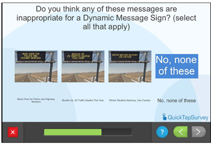 Questionnaire screen - Do you think any of these messages are inappropriate for a Dynamic Message Sign?