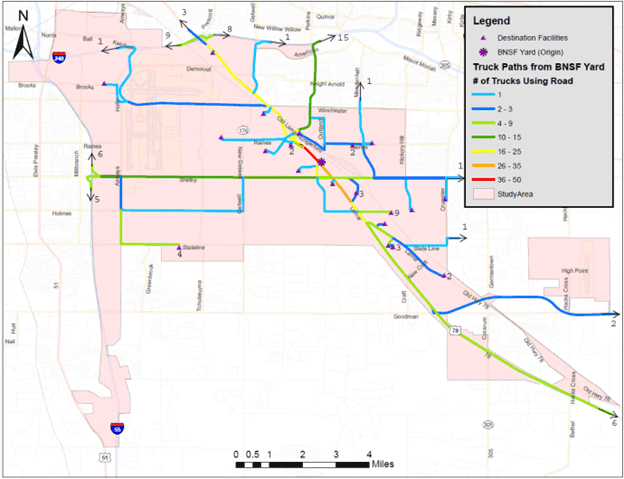 Figure 10 depicts a map showing the destinations of trucks leaving the Burlington Northern Santa Fe intermodal rail yard in Memphis.