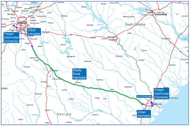 Figure 8 is a map that shows the truck trip components of a move from the Port of Savannah to Atlanta.