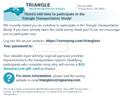 This image shows the back of the reminder recruitment postcard mailed to potential participants.  It briefly states the purpose for the study and provides a URL and password for taking the initial survey.