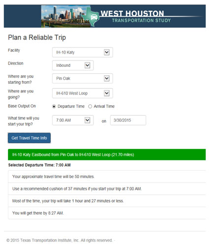 Figure 10.  This figure presents a screen shot of the West Houston Transportation Study trip planning website for Assembly B.  Users enter their responses to the various fields (e.g., facility, direction, start location, destination, departure/arrival time) at the top, and trip planning results are displayed at the bottom.