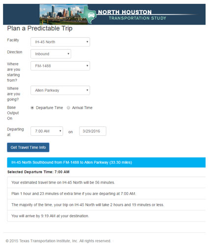 Figure 11.  This figure presents a screen shot of the North Houston Transportation Study trip planning website for Assembly A.  Users enter their responses to the various fields (e.g., facility, direction, start location, destination, departure/arrival time) at the top, and trip planning results are displayed at the bottom.