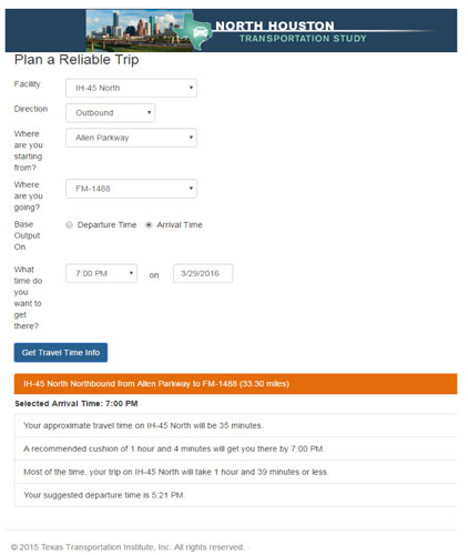 Figure 12.  This figure presents a screen shot of the North Houston Transportation Study trip planning website for Assembly B.  Users enter their responses to the various fields (e.g., facility, direction, start location, destination, departure/arrival time) at the top, and trip planning results are displayed at the bottom.