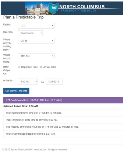 Figure 13.  This figure presents a screen shot of the North Columbus Transportation Study trip planning website for Assembly A.  Users enter their responses to the various fields (e.g., facility, direction, start location, destination, departure/arrival time) at the top, and trip planning results are displayed at the bottom.