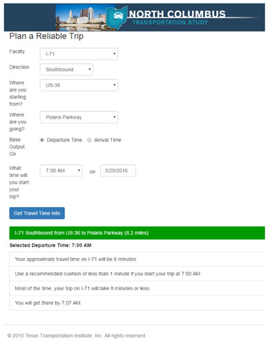 Figure 14.  This figure presents a screen shot of the North Columbus Transportation Study trip planning website for Assembly B.  Users enter their responses to the various fields (e.g., facility, direction, start location, destination, departure/arrival time) at the top, and trip planning results are displayed at the bottom.