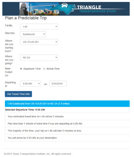 Figure 15.  This figure presents a screen shot of the Triangle Transportation Study trip planning website for Assembly A.  Users enter their responses to the various fields (e.g., facility, direction, start location, destination, departure/arrival time) at the top, and trip planning results are displayed at the bottom.