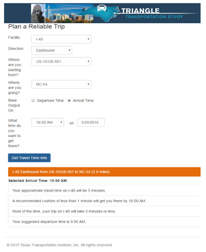 Figure 16.  This figure presents a screen shot of the Triangle Transportation Study trip planning website for Assembly B.  Users enter their responses to the various fields (e.g., facility, direction, start location, destination, departure/arrival time) at the top, and trip planning results are displayed at the bottom.