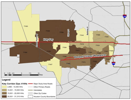 Figure 25.  This figure shows a map of the zip codes within the West Houston Transportation Study region.  They are color-coded (i.e., degree of darkness) to signify population counts.