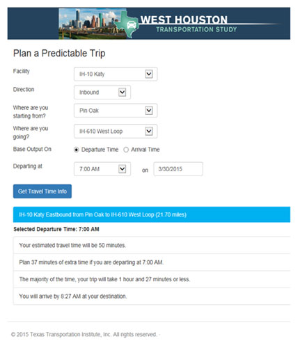 Figure 9.  This figure presents a screen shot of the West Houston Transportation Study trip planning website for Assembly A.  Users enter their responses to the various fields (e.g., facility, direction, start location, destination, departure/arrival time) at the top, and trip planning results are displayed at the bottom.