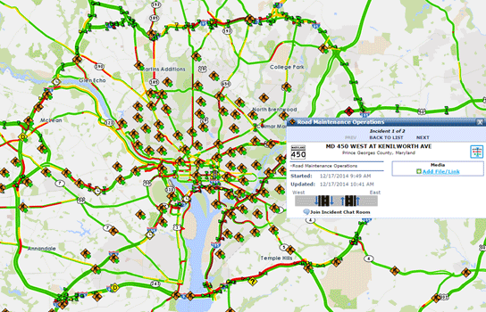 Figure 13 gives another example of geographically illustrating archived incident records from the Regional Integrated Transportation Information System developed and maintained by University of Maryland's Center for Advanced Transportation Technology Laboratory. Road segments with different incident frequencies are shown.