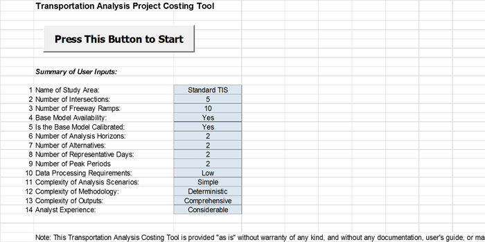 Figure 22 provides a snapshot of the scoping tool discussed in this section, showing a summary of user inputs for this particular example.