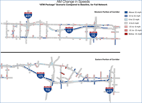 Figure 39 presents a snapshot of example comparisons of expected changes in speeds, which maps a comparison of speeds after a proposed intervention in relation to baseline speeds. Segments of the roadway network that are expected to experience increased speeds are indicated, as well as segments that are expected to experience decreased speeds.