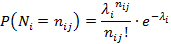 Figure 10. Equation. Probability of N sub o being equal to n sub ij equals lambda sub i to the power of n sub ij divided by the factorial of n sub ij multiplied to the exponential function of minus lambda sub i.