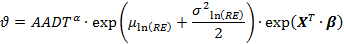 Figure 13. Equation. Theta equals the product of three factors: (1) the AADT to the power of alpha; (2) the exponential function of the mean natural log of RE plus half the variance of the natural log of RE; and (3) the exponential function of transposed X (i.e., the vector of independent variables) internal product with the vector of regression coefficients beta.