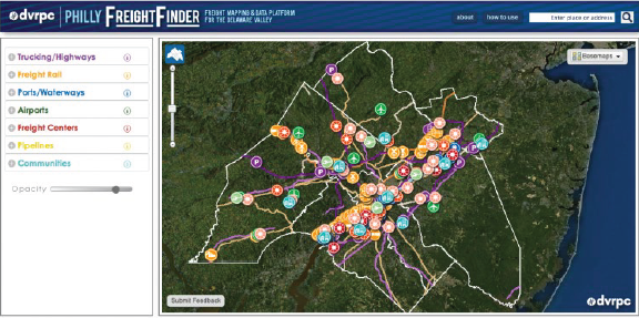 Screen capture of the PhillyFreightFinder home page depicting a map of the region featuring color-coded icons that provide information about trucking/highways, freight rail, ports/waterways, airports, freight centers, pipelines, and communities.