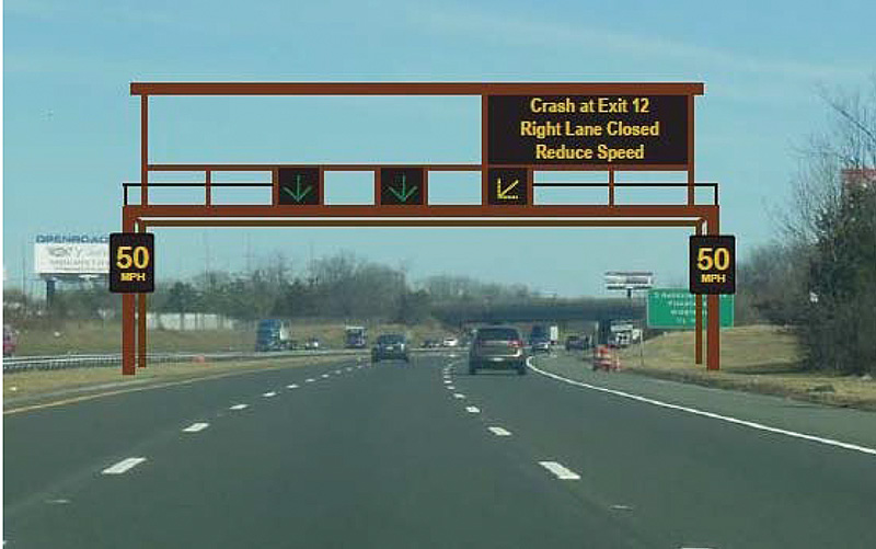 This figure shows an photograph of one direction of a six lane freeway.